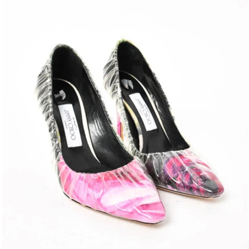Off-White X Jimmy Choo Pink White Floral Satin Heels Plastic Overlay Size 37 - Picture 2 of 12